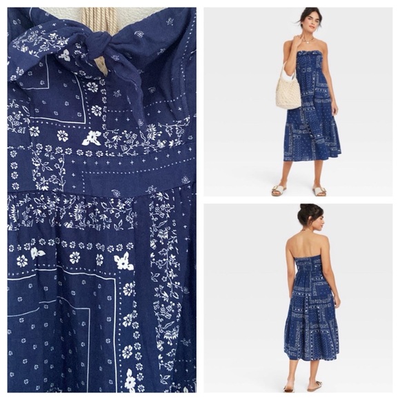 Universal Thread bandana print strapless midi dress blue white vacation small - Picture 3 of 16